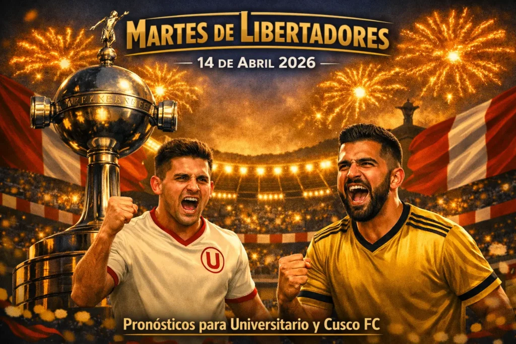 Martes de Libertadores Pronósticos: Infografía de Universitario y Cusco FC para apuestas online en Perú. Muestra jugadores en kits de Universitario, Cristal y Cusco FC con la Copa Libertadores.